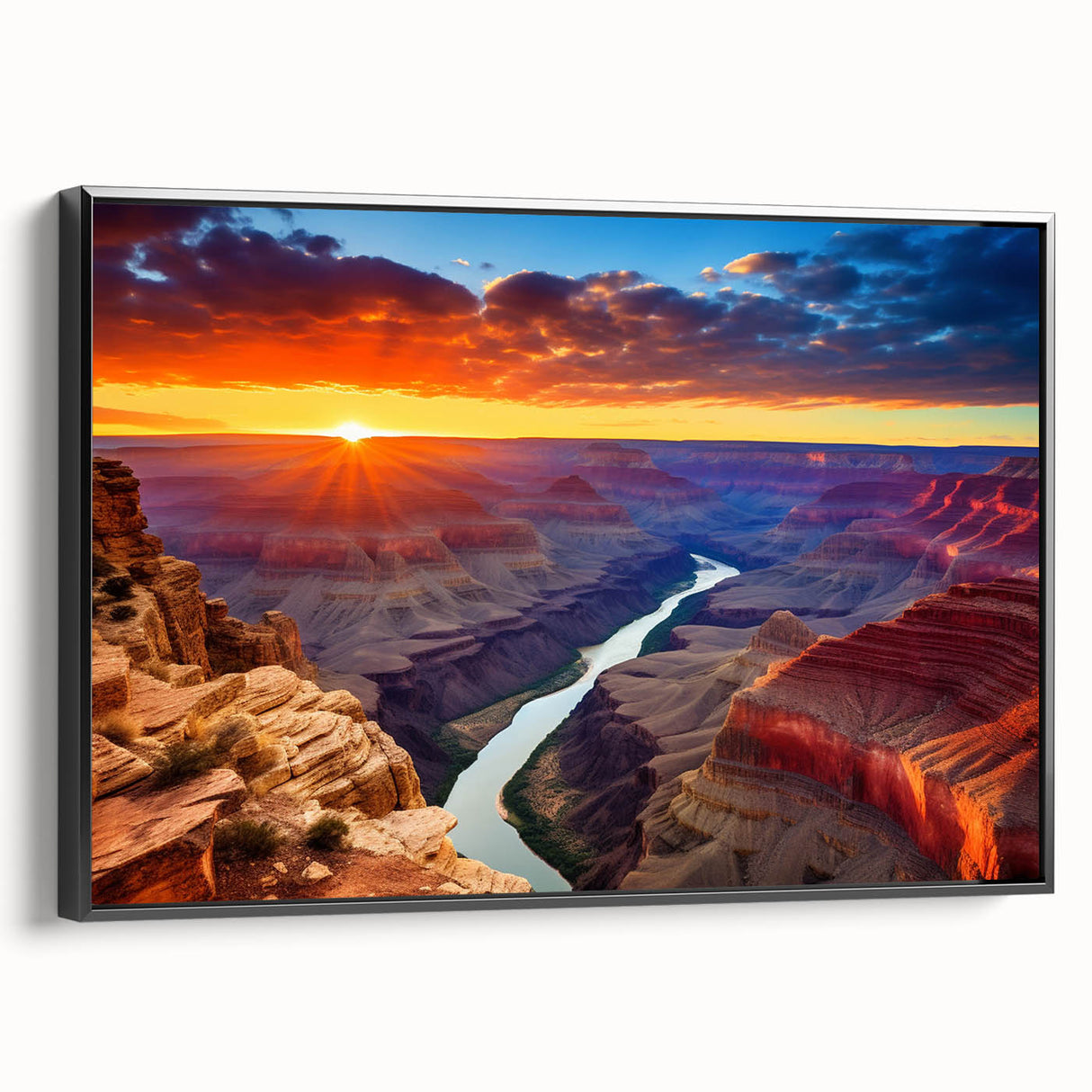 Black and white framed canvas of the Grand Canyon in a vintage poster style, ideal for bedroom wall decor.