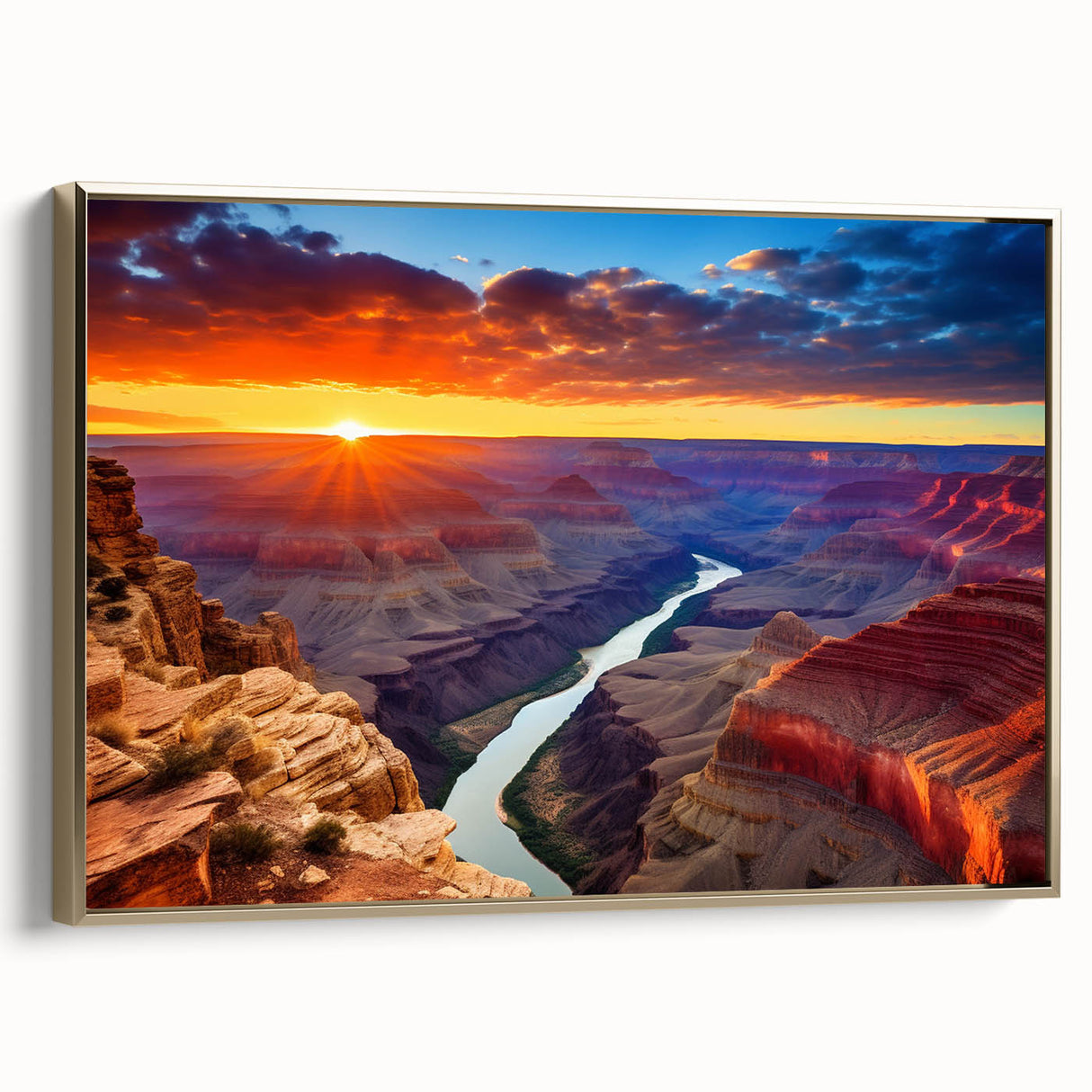 Framed canvas depicting the Grand Canyon in muted earth tones, ideal for bedroom wall art.