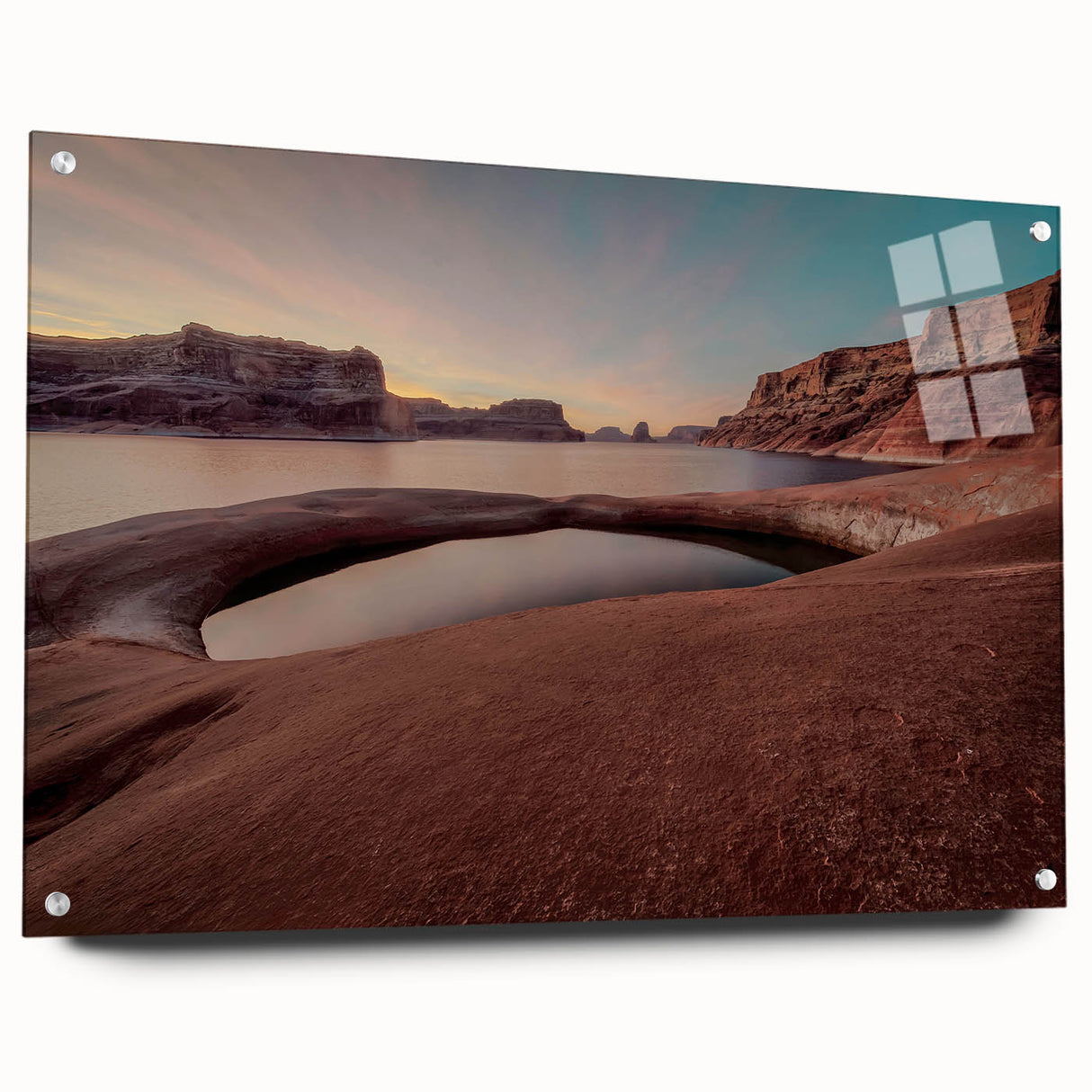 Acrylic print of Arizona's Lake Powell with vivid blue and earth tones, suitable for bedroom or dining room decor.