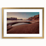 Extra large abstract art print of Lake Powell in textured style, with gold frame, suited for living room decor.