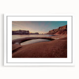 Abstract art print of Lake Powell with soft blue and beige tones on a white framed canvas.