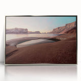 Mid-century modernist art depicting Lake Powell, Arizona, in muted earth tones on a silver-framed acrylic print.