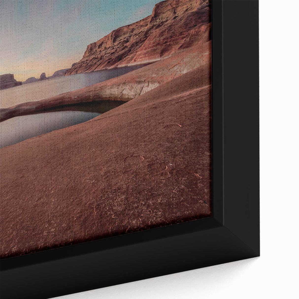 Framed canvas depicting Lake Powell with textured, colorful art in black, ideal for living room decor.