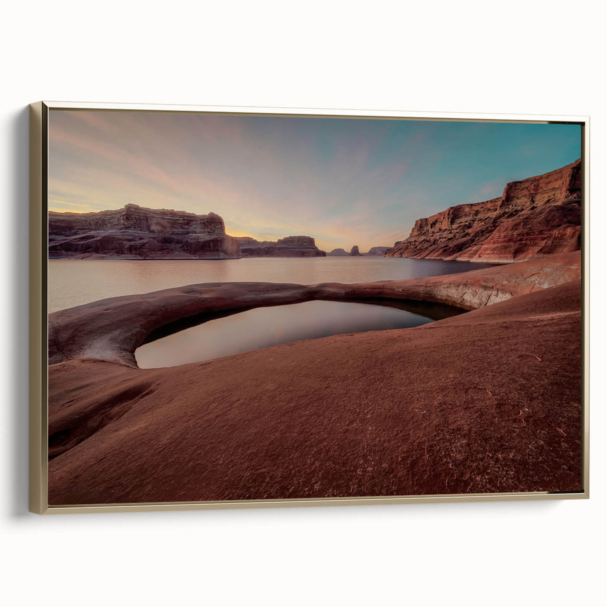 Framed canvas featuring a serene Lake Powell landscape in muted earth tones, ideal for bedroom wall art.