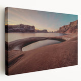 Abstract depiction of Lake Powell in muted blue and beige tones on a large stretched canvas, suitable for kitchen wall art.