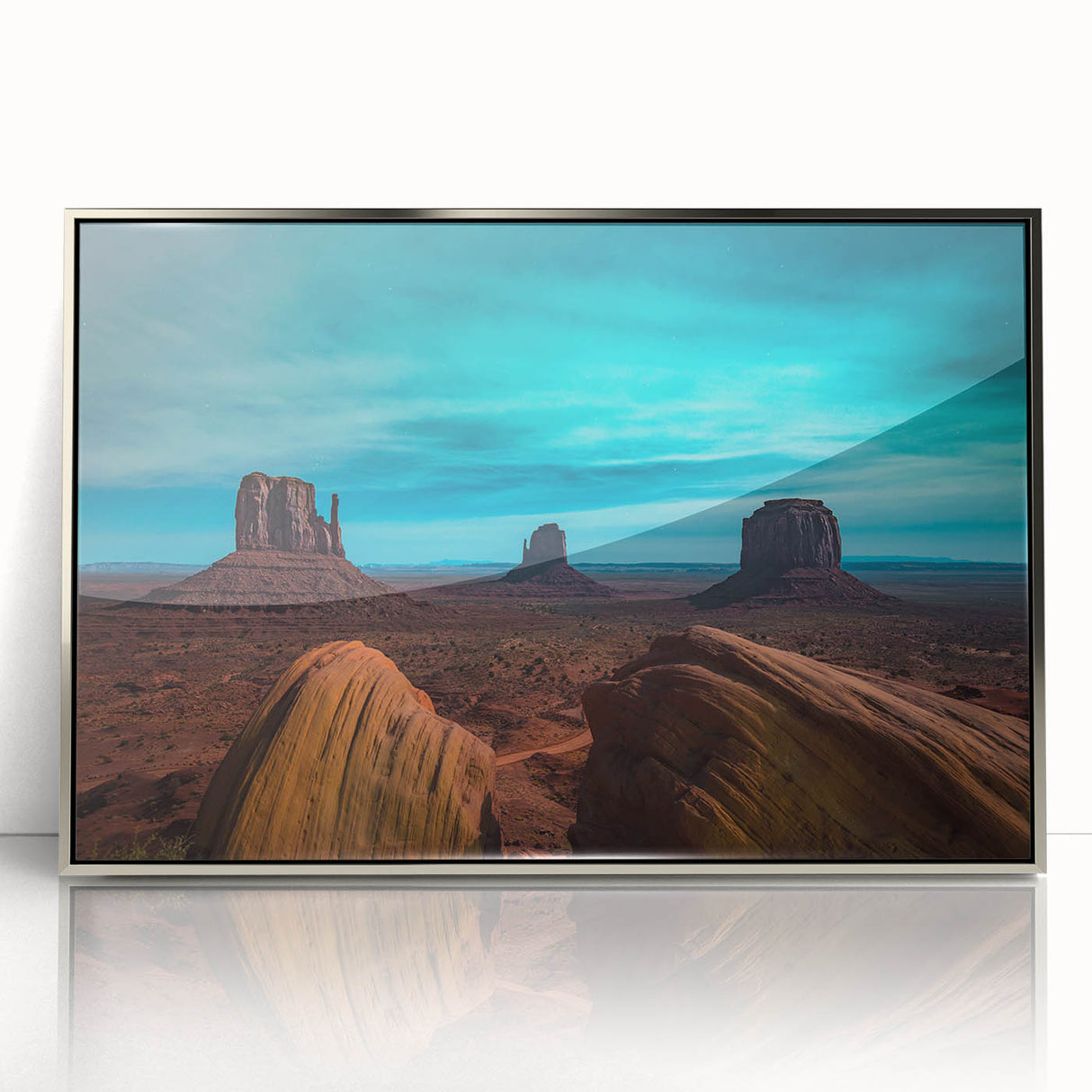 Mid-century modernist art of Monument Valley in muted earth tones on a framed acrylic, suitable for modern art wall decor.