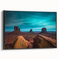 Black and white framed canvas of Monument Valley landscape, ideal for bedroom wall art.