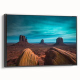 Black and white framed canvas of Monument Valley landscape, ideal for bedroom wall art.