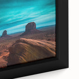 Extra large framed canvas of Monument Valley in black with colorful, textured art, ideal for living room decor.