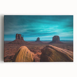 Black and white image of Monument Valley on stretched canvas, ideal for kitchen wall art.
