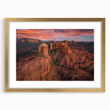 Extra large abstract art print of Sedona landscape in textured style with gold frame, ideal for living room decor.