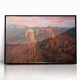 Large abstract wall art depicting the Sedona landscape, in mid-century modernist style with muted earth tones.