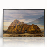 Mid-century modernist art depicting California's Big Sur coastline in muted earth tones on a framed acrylic print.