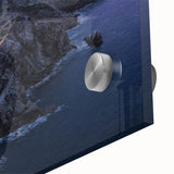 Large abstract wall art of Catalina, California in muted blue and green tones on acrylic glass.