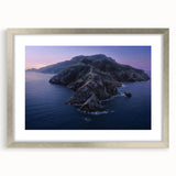 Textured abstract art print depicting Catalina Island, rendered in muted blue and green tones, framed in silver.