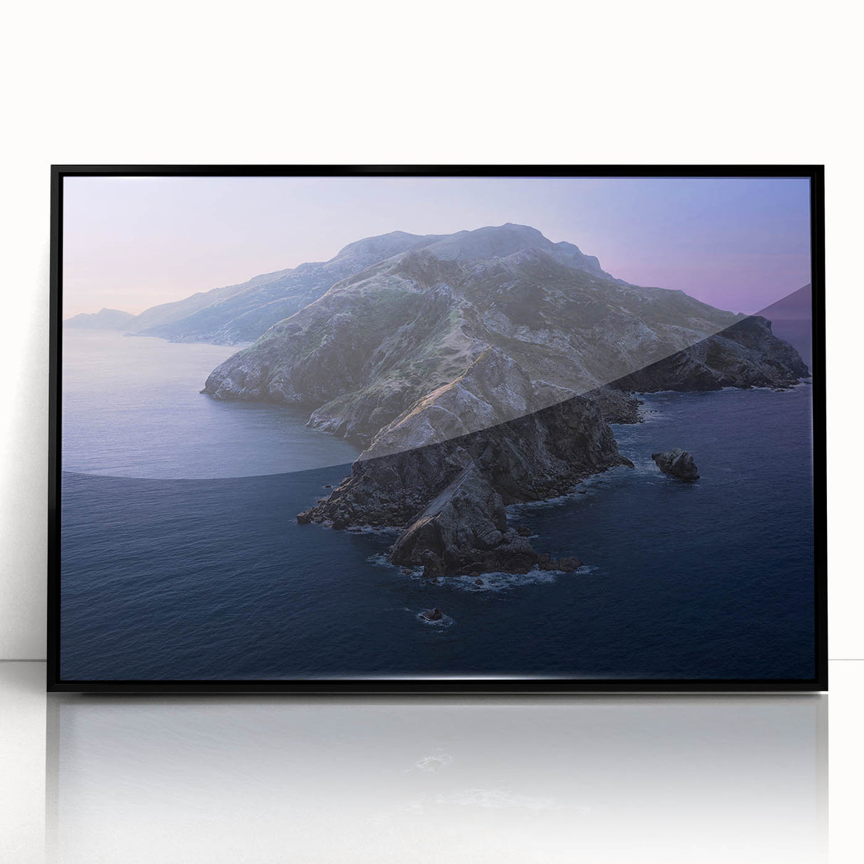 Large abstract wall art of Catalina, California in muted blue tones, framed in black acrylic.