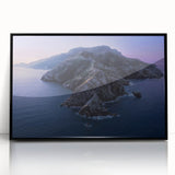 Large abstract wall art of Catalina, California in muted blue tones, framed in black acrylic.