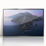 Mid-century modernist art depicting the Catalina Island scenery in muted blue and green tones, framed in silver acrylic.