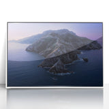 Art deco poster of Catalina, California in muted blue and white tones on framed acrylic.