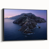 Black and white framed canvas of Catalina, California landscape in a vintage poster style, ideal for bedroom decor.