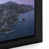 Extra large framed canvas featuring a textured depiction of Catalina, California in black with vibrant, colorful accents.