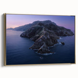 Framed vintage poster art of Catalina landscape in gold and black, ideal for bedroom wall decor.