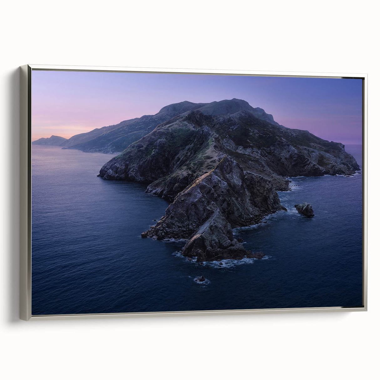 Framed canvas of a vintage-style landscape painting depicting Catalina, California in colorful hues.