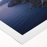 Art deco poster of Catalina, California, in muted blue and cream tones on rolled canvas, ideal for dining room decor.