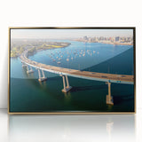 Mid-century modernist style large art print of Coronado, California, in gold and blue acrylic frame.