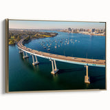 Framed canvas wall art of a vintage-style Coronado, California landscape in black and gold tones, ideal for bedroom decor.