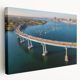 Stretched canvas print of the Coronado, California coastline in soft blue and gray tones, ideal for kitchen wall art.