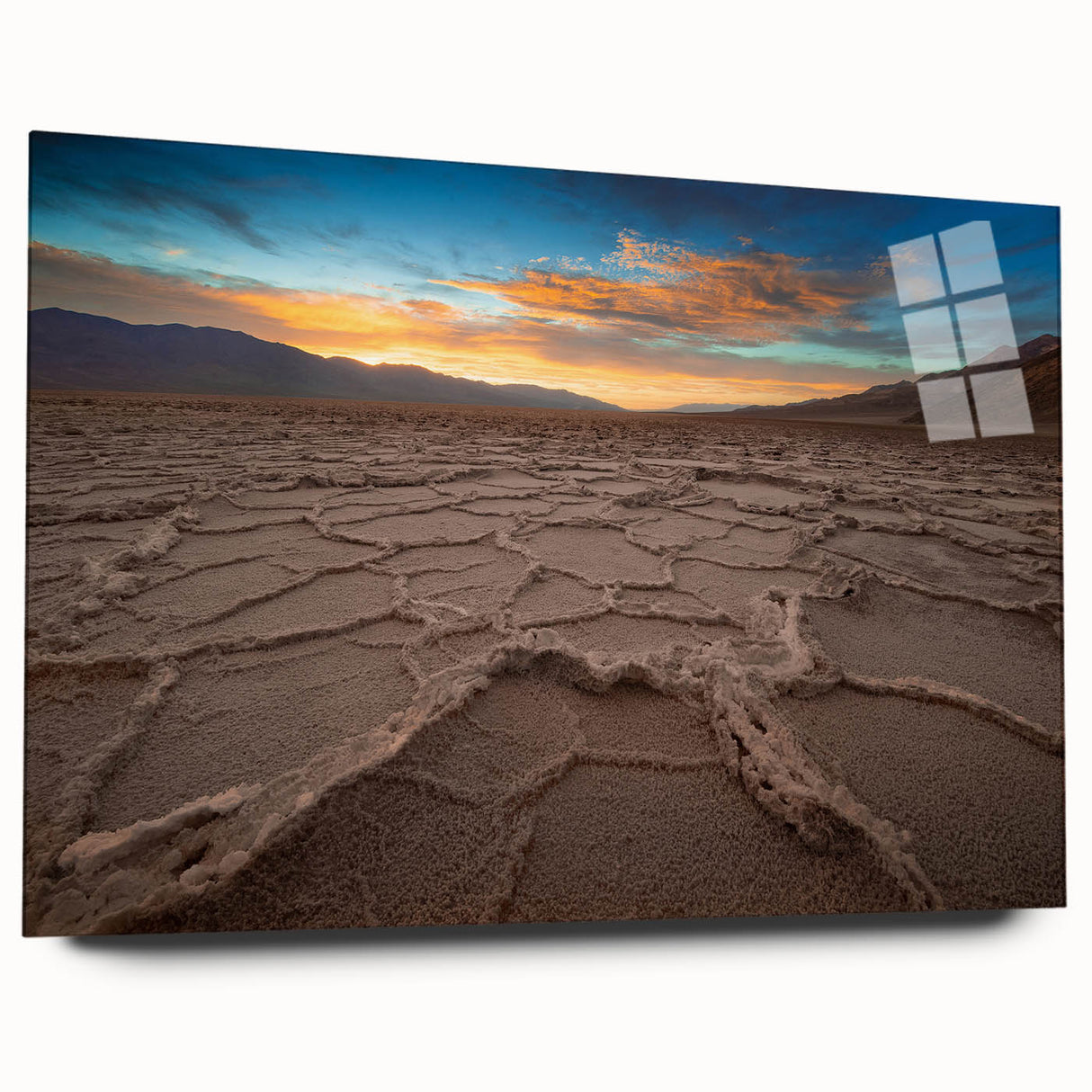Large abstract wall art of Death Valley in muted earth tones on acrylic glass, suitable for bedroom or dining room decor.