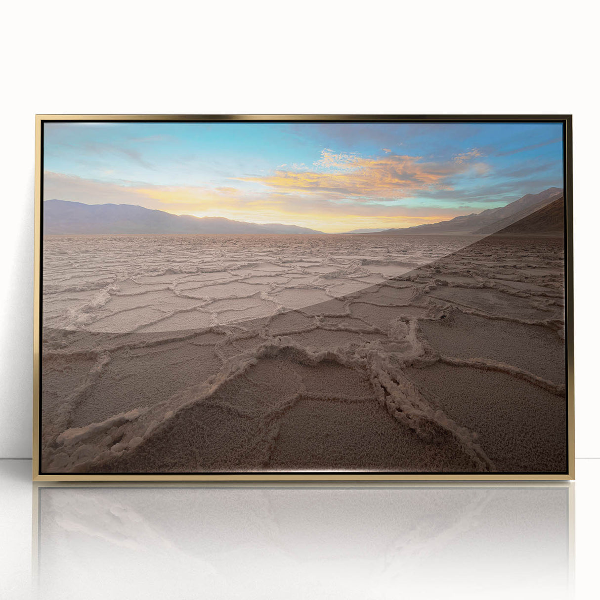 Large art print of Death Valley in muted earth tones, framed acrylic, mid-century modernist style, suitable for modern decor.