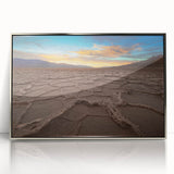 Mid-century modernist art depicting Death Valley in muted earth tones on a framed acrylic panel.