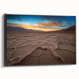 Black and white framed canvas of Death Valley landscape, ideal for bedroom wall art in a vintage poster style.