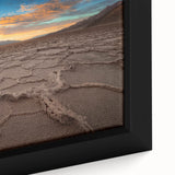 Extra large framed canvas of textured Death Valley scenery in black with colorful accents, ideal for living room decor.