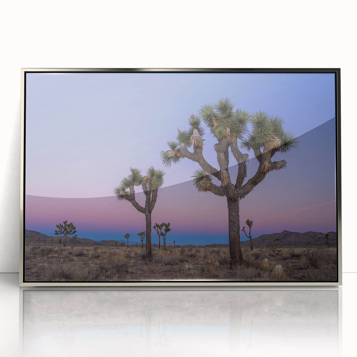 Mid-century modernist art depicting Joshua Tree, in muted earth tones on a silver-framed acrylic print.