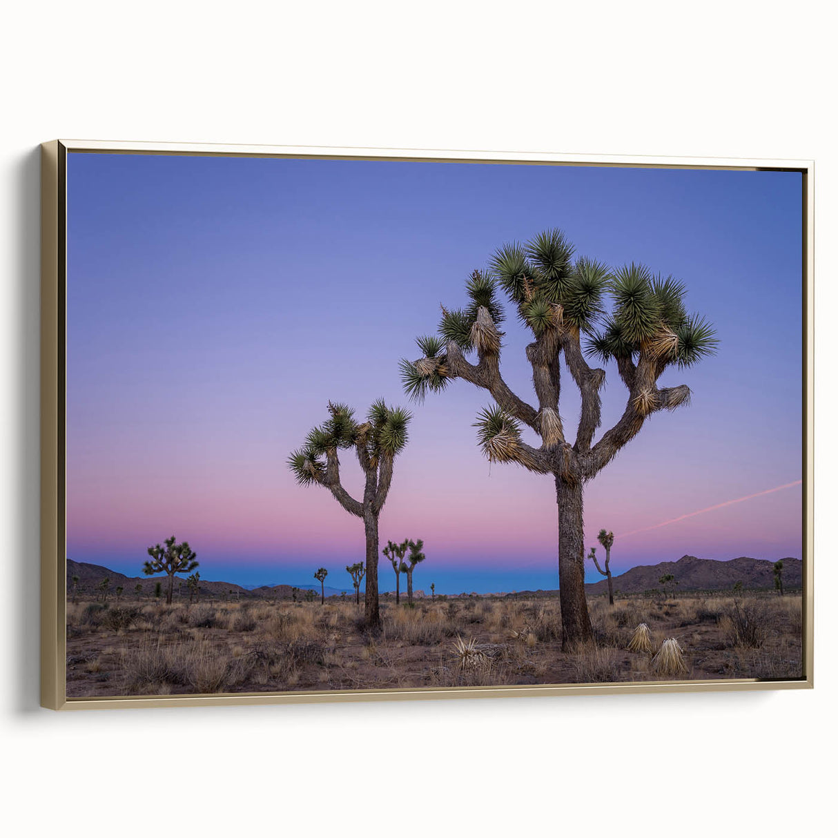 Framed canvas wall art depicting the Joshua Tree landscape in muted earth tones, ideal for bedroom decor.