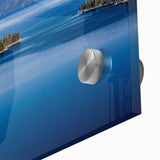 Large abstract art print of Lake Tahoe in muted blue and green tones on acrylic glass, suitable for dining room decor.