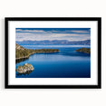 Extra large abstract art print of Lake Tahoe with textured, colorful art in vibrant hues, framed in black.