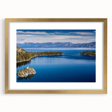 Extra large abstract art print of Lake Tahoe in textured style with gold frame, ideal for living room decor.