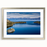 Textured art of Lake Tahoe in abstract style with cool blue and gray tones on a framed canvas, suitable for bedroom art.