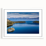 Abstract art print of Lake Tahoe in muted blue and green tones on a framed white canvas, ideal for dining room decor.