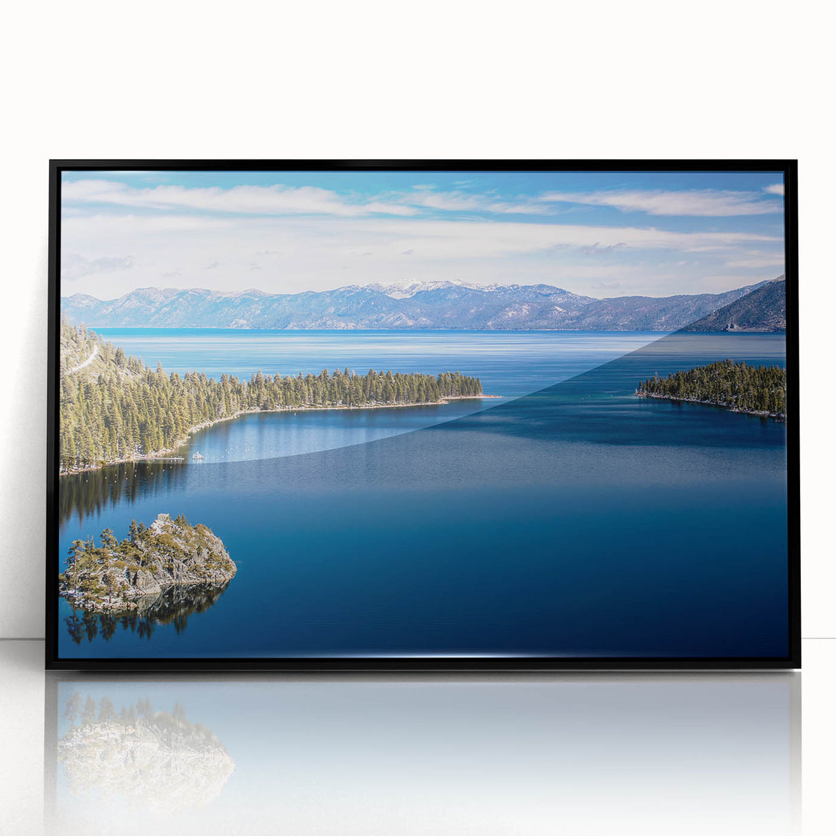 Large abstract wall art of Lake Tahoe in muted blue and green tones on framed acrylic, suitable for modern living room decor.