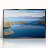 Mid-century modernist style large art print of Lake Tahoe in acrylic, framed in gold, ideal for modern art wall decor.