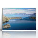Framed acrylic print of Lake Tahoe with serene blue and green tones, ideal for modern art wall decor in a nursery.