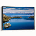 Black and white framed canvas of Lake Tahoe landscape, ideal for bedroom wall decor, in a vintage poster style.