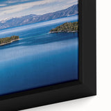 Extra large framed canvas of Lake Tahoe with textured black and colorful art, ideal for living room decor.