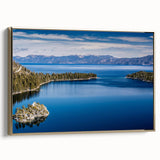Framed canvas wall art depicting Lake Tahoe landscape with muted blues and greens, suitable for bedroom decor.