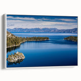 Framed canvas of vintage poster art featuring Lake Tahoe, with a palette of blue and green hues, ideal for living room decor.